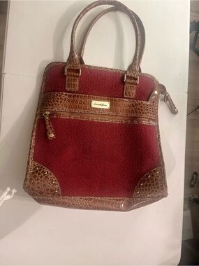 Samantha Brown Elegant Red and Brown Tote Bag with Croc Trim